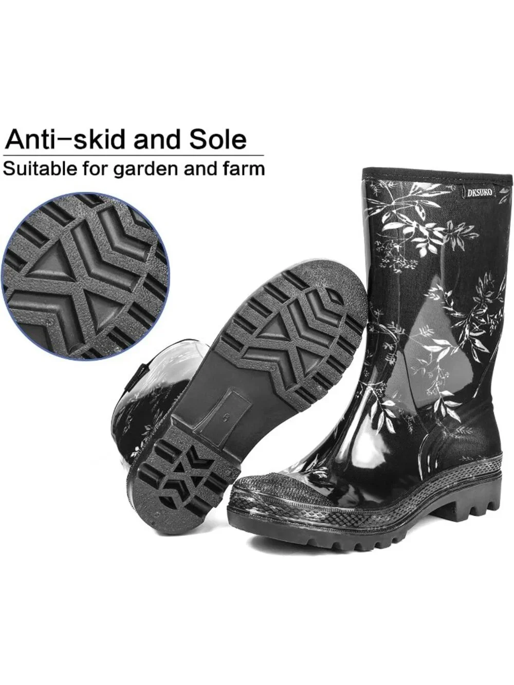 Women's Leaves Wide Calf Waterproof Rubber Garden Cushioned Insole Rain Boots